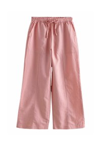 Pantalon large rose clair en tissu doux, doté d'une taille élastique et de deux poches latérales avec une finition lisse.