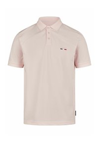 T-shirt en polo en tissu rose pâle, avec un col classique, une patte de boutonnage à deux boutons et un petit logo brodé en bleu, rouge et blanc.
