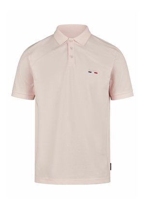 Polohemd aus hellpinkem Stoff, mit klassischem Kragen, Zwei-Knopf-Leiste und kleinem gesticktem Logo in Blau, Rot und Weiß.