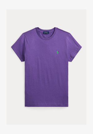Purple cotton t-shirt with short sleeves, crew neck, and a small green polo logo on the left chest. Smooth texture, regular fit.
