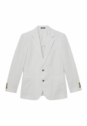 Biały, dopasowany blezer z wyłogami z nacięciem, dwoma guzikami z przodu, naszywanymi kieszeniami i czterema guzikami na mankietach rękawów.