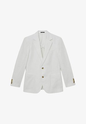 Biały, dopasowany blezer z wyłogami z nacięciem, dwoma guzikami z przodu, naszywanymi kieszeniami i czterema guzikami na mankietach rękawów.