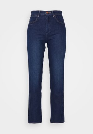 Mörkblå denimjeans med hög midja, rak passform, som har framfickor, en metallknapp och kontrasterande sömmar.
