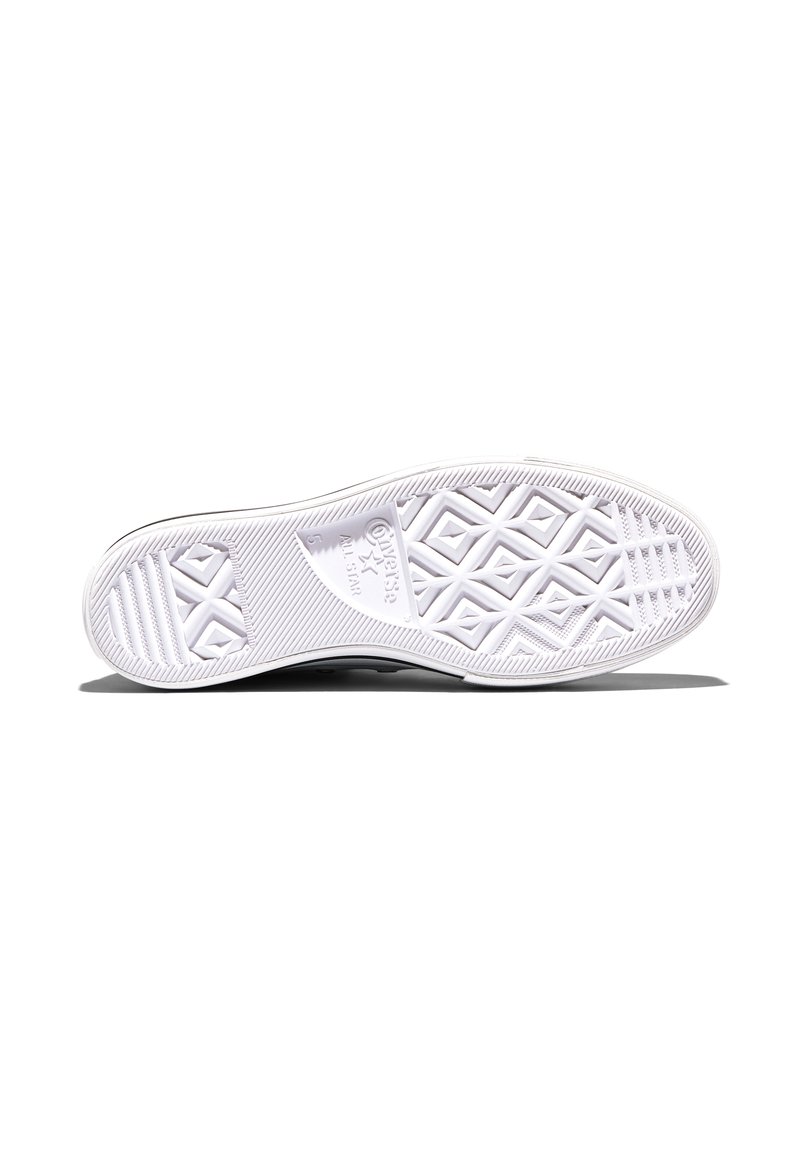 Semelle de chaussure blanche avec des motifs de crampons en losange et en ligne, et le logo "Converse All Star" embossé sur la partie de la voûte plantaire.