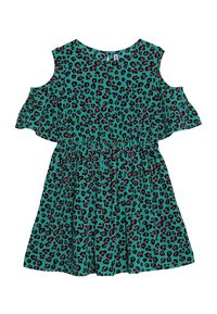 Mintgrünes Kleid mit einem Leopardenmuster in Schwarz und Rot, kalte Schulter Design, schwingende Ärmel und elastischem Bund.