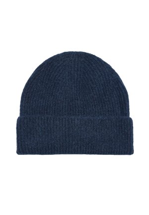 Granatowa dzianinowa czapka typu beanie wykonana z miękkiej wełny. Posiada prążkowaną fakturę, podwinięty mankiet oraz zaokrąglony wierzch. Odpowiednia na zimne dni.