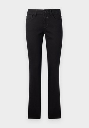 Sorte jeans laget av denim, med en tettsittende design, knappelukking og tradisjonell fem-lomme stil. Glatt tekstur med liten elastisitet.