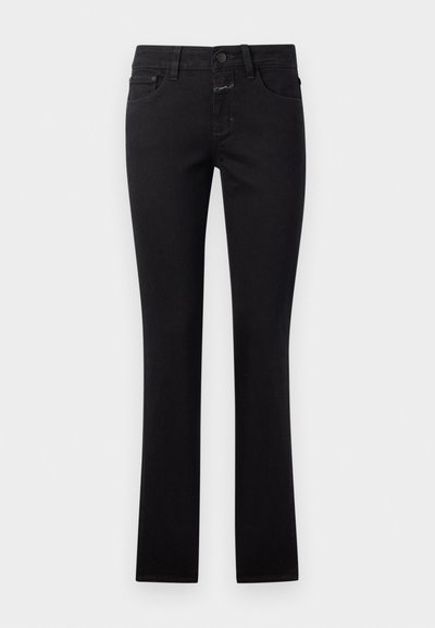 Schwarze Jeans aus Denim, mit einer figurbetonten Passform, Knopfverschluss und traditionellem Fünf-Taschen-Stil. Glatte Textur mit leichtem Stretch.