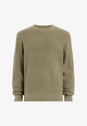 Olijfgroene gebreide trui met een gestructureerd oppervlak, ronde halslijn en geribbelde manchetten. Heeft een klein logo-detail op de borst.