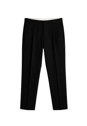 Pantaloni neri su misura con passanti per cintura, pinces anteriori, tasche laterali e silhouette a gamba dritta su sfondo bianco.