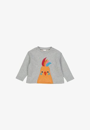 Hellgraues Langarm-Sweatshirt mit einem orangen Vogel-Graphic, bunten Federakzenten und gestickten Details auf der Vorderseite.