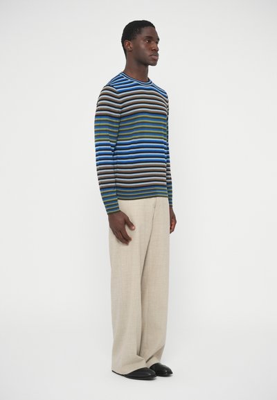 Svītrains džemperis zilā, zaļā, brūnā un baltā krāsā. Apaļš kakls, garas piedurknes un piegulošs dizains. Kombinēts ar bēša krāsas biksēm un melniem apaviem.