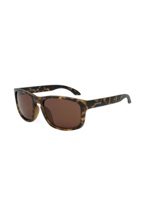 Occhiali da sole rettangolari tartarugati con lenti marrone scuro e sottili aste brandizzate con il logo Calvin Klein sul lato.