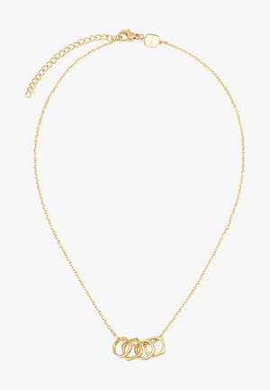 Collar de color dorado con una cadena delicada y cinco encantos geométricos entrelazados de diferentes formas y tamaños. Cuenta con un cierre y una cadena de extensión.