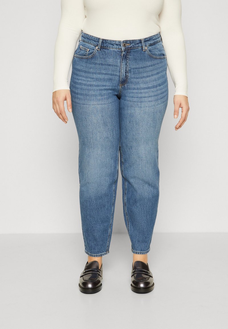 Light blue, high-waisted jeans with a straight cut and slight fading. Features five pockets and a classic button closure.