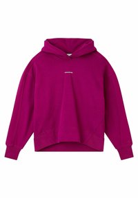 Magenta hoodie med en framficka, snörning i huvan och ribbade manschetter. Har en liten vit logotyp på bröstet. Mjukt bomullsmaterial.