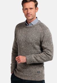 Bruine gebreide trui met een gestructureerde afwerking, ronde hals en geribde mouwen. Draagt over een blauw-witte met patroon bedrukte blouse, met een logo-detail.