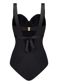 Černé plavky s vytvarovanými košíčky, širokými saténovými ramínky, předním výřezem ve tvaru klíče a ozdobným mašlí v pase. Detaily zlatého kovu.