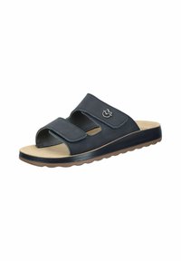 Sort slidesandal med to justerbare velcro-stropper, polstret sål og tekstureret gummisål. Har et sølvlogo som accent.