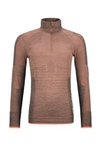 Long-sleeve pullover in rose-brown with a half zip collar, contrasting dark gray accents, textured fabric, and a white logo detail on the side.