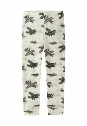 Leggings à motifs beige clair ornés de divers avions illustrés en nuances de bleu et de gris, fabriqués en tissu doux mélangé de coton.