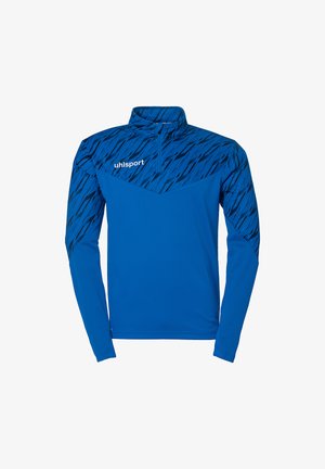 Blå langærmet træningsskjorte med kvart lynlås, der har et geometrisk mønster i mørkere blå over skuldrene og brystet.