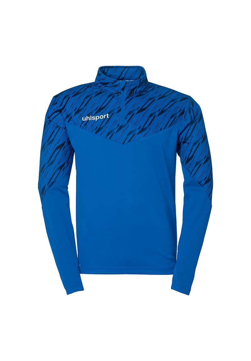 Blå langærmet træningsskjorte med kvart lynlås, der har et geometrisk mønster i mørkere blå over skuldrene og brystet.