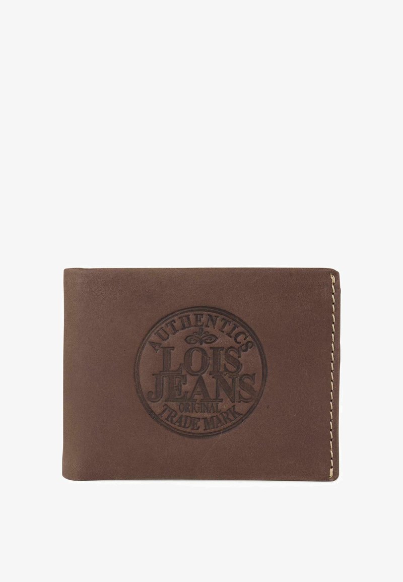 Billetera de cuero marrón con un logo en relieve que dice "AUTHENTICS LOIS JEANS ORIGINAL TRADE MARK", con costuras beige en contraste.