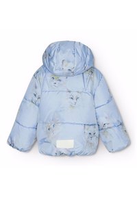 Vadderad jacka i ljusblått med kattansiktstryck. Har en huva, elastiska ärmslut och en vit etikett på baksidan.