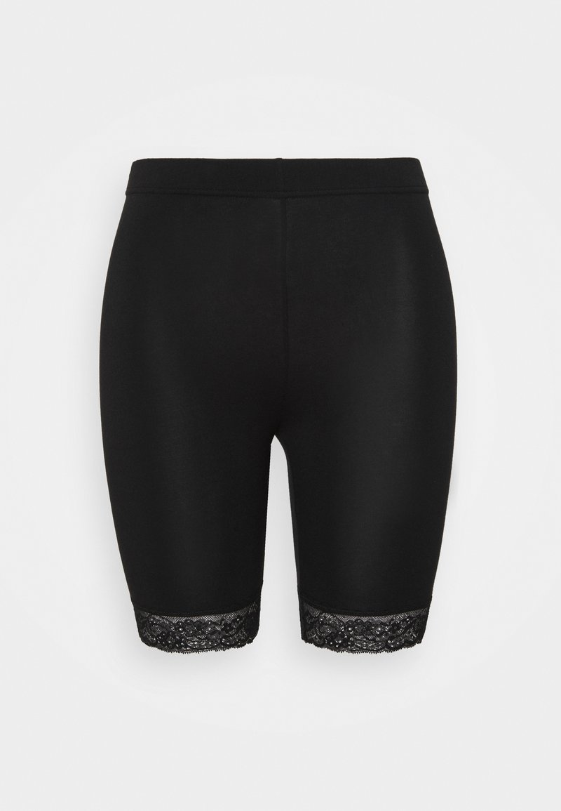 Black bike shorts made of smooth fabric, featuring intricate lace trim at the hem, with a fitted design and no visible closures.