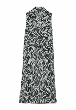 Robe sans manches mi-longue aux genoux avec un motif de feuilles noir et blanc, col en V et ceinture en tissu assorti nouée à la taille.