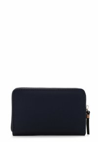 Navy blue wallet made of textured fabric, zippered closure, featuring a small leather accent on the zipper pull. Smooth edges.