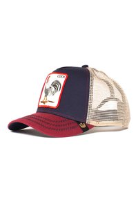 Cappellino trucker navy e bordeaux con retro in rete. La parte frontale presenta una toppa ricamata di un gallo con il testo "COCK" in un rettangolo con bordatura rossa.