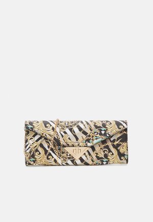 Rectangular clutch with black, white, and gold baroque and chain patterns, triangular gold clasp, and thin gold chain strap.