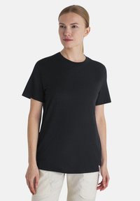 Black short-sleeve t-shirt made of soft fabric, featuring a crew neck and a relaxed fit. Smooth texture with no visible patterns or accents.