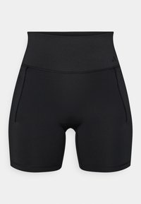 Czarne, wysokiej talii szorty wykonane z gładkiej, elastycznej tkaniny. Posiadają płaskie szwy i boczne kieszenie, zaprojektowane z myślą o komforcie i swobodzie ruchów.