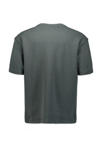 Donkergroen katoenen t-shirt, korte mouwen, ronde hals, plain achterkant zonder ontwerpen of logo's, ontspannen pasvorm, zachte textuur, afgewerkte randen.
