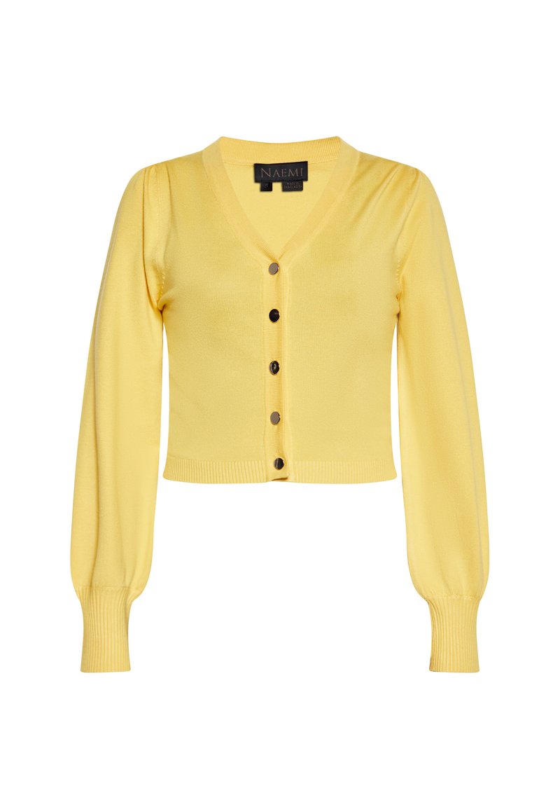 Cardigan giallo in maglia con scollo a V, chiusura a bottoni e maniche lunghe a sbuffo. Presenta un orlo e polsini a coste. Texture liscia.