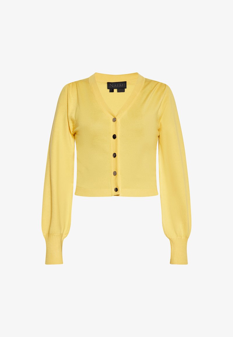 Sárga kötött kardigán V-nyakkal, gombos elülső résszel és puffos hosszú ujjakkal. Bordázott aljjal és mandzsettákkal rendelkezik. Simább textúrájú.