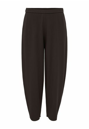 Pantalon noir ample et court avec taille élastique et jambes fuselées sur fond blanc.