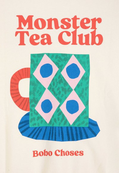 "Text 'Monster Tea Club' above a colorful stylized teacup with green, pink, blue, and red patterns, and 'Bobo Choses' text below."