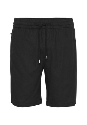 Shorts décontractés pour hommes noirs avec taille élastique et cordon de serrage ajustable, longueur au milieu de la cuisse, sans poches visibles ni logos.