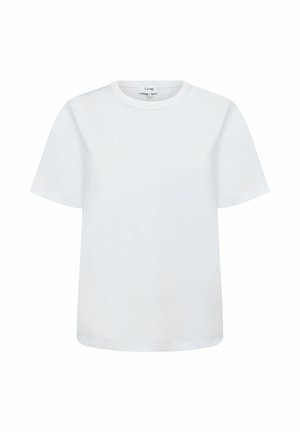 Biała koszulka z krótkim rękawem i okrągłym dekoltem, z prostym dołem i subtelną metką marki Levate wewnątrz kołnierza.