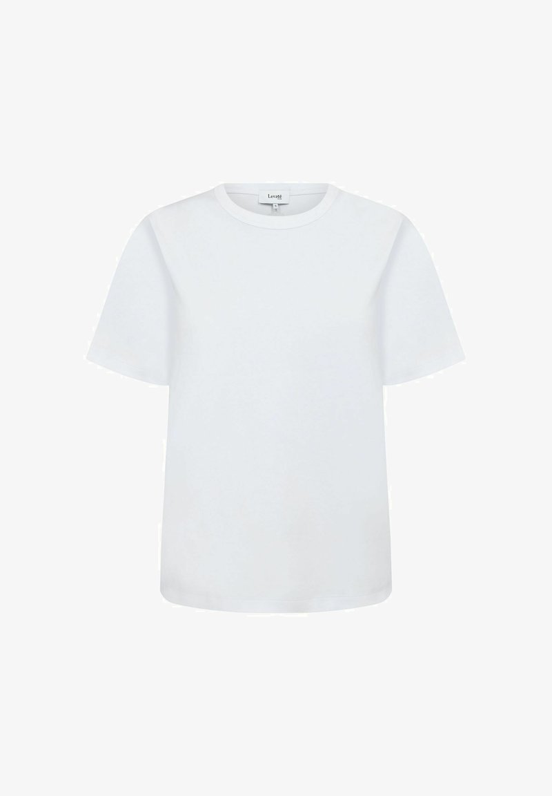 T-shirt blanc à manches courtes avec col rond, ourlet droit et une étiquette discrète de la marque Levate à l'intérieur du col.