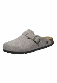Gray felt clog with a rounded toe, dual adjustable straps, and a black rubber sole. Features a natural cork footbed for comfort.