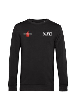 Sort sweatshirt med lange ærmer lavet af en bomuldsblanding; har "Scarface" logo og grafiske accenter i rød på forsiden.