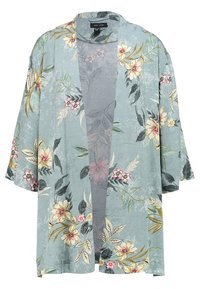 Floral kimono in light blue fabric. Features short sleeves, open front, and a floral pattern with pink and yellow flowers and green leaves.