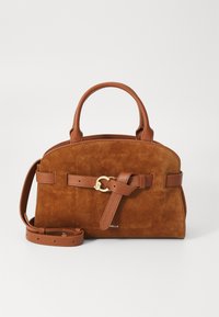 Brown suede handbag with short handles and a removable strap. Features a belt detail secured by a gold-tone hardware clasp.