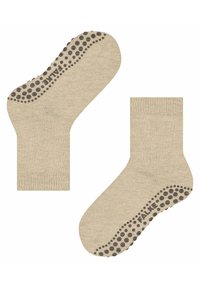 Beżowe skarpetki bawełniane z teksturowanym gripem na podeszwach, zdobione małymi brązowymi kropkami oraz wzmocnioną piętą i ściągaczem.