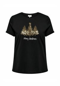 Svart t-shirt med kort ärm som har ett guldigt paljettmönster av en julgran med texten "God Jul" nedanför. Mjuk, texturerad tyg.